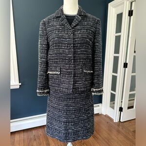 Ann Taylor Navy, Black and Ivory Boucle Tweed Skirt Suit, Size 8